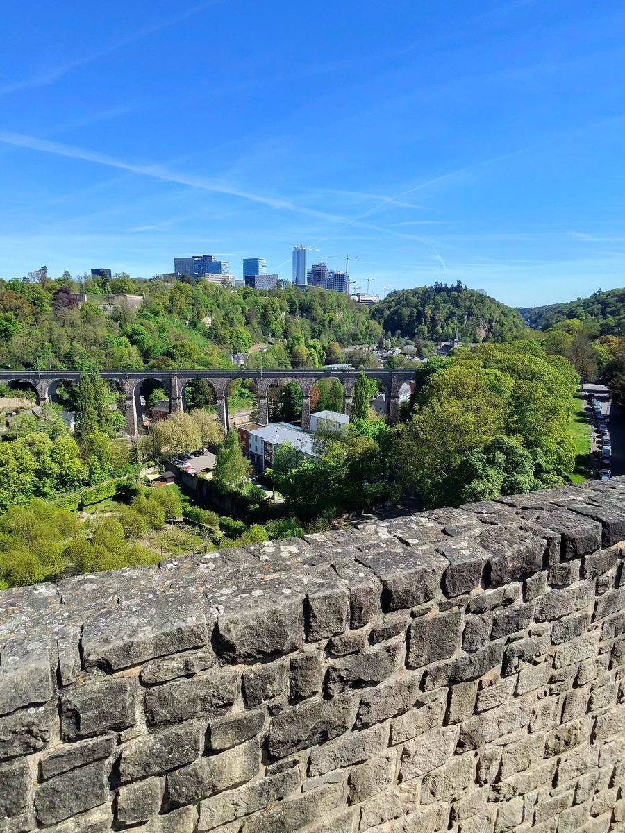 View over the valley to Kirchberg and the Pfaffenthal viaduct, Luxembourg